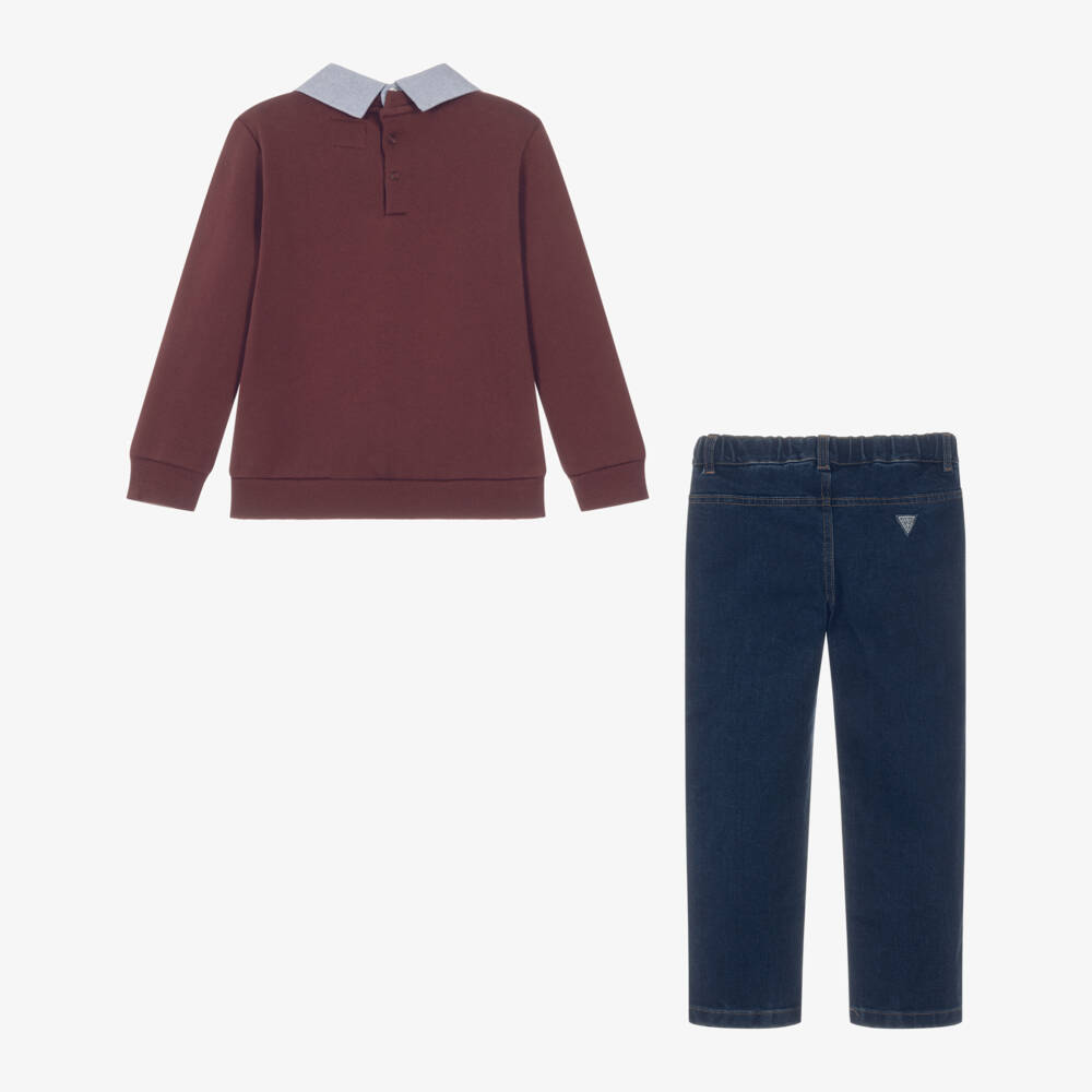 Guess-Boys Red Teddy Bear Sweatshirt & Dark Blue Jeans Set | Childrensalon