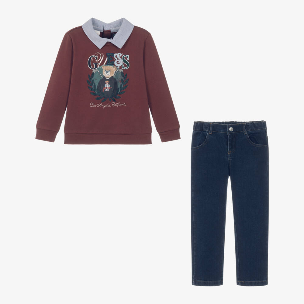 Guess-Boys Red Teddy Bear Sweatshirt & Dark Blue Jeans Set | Childrensalon