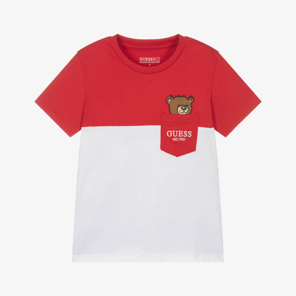 Guess-Boys Red & White Cotton Teddy Bear Pocket T-Shirt | Childrensalon