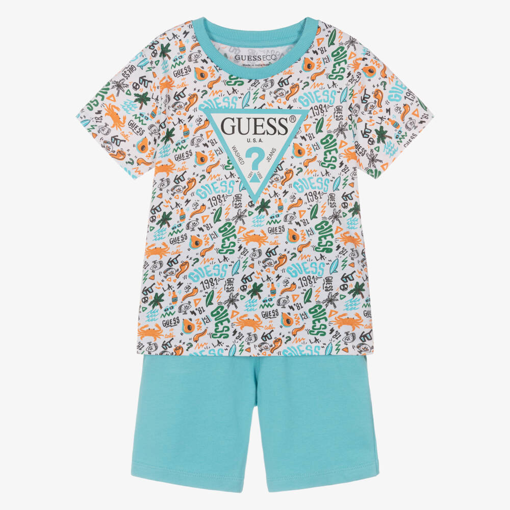 Guess-Boys Turquoise Blue Cotton Shorts Set with Logo Print | Childrensalon