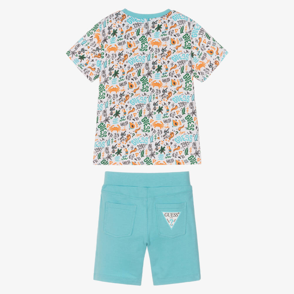 Guess-Boys Turquoise Blue Cotton Shorts Set with Logo Print | Childrensalon