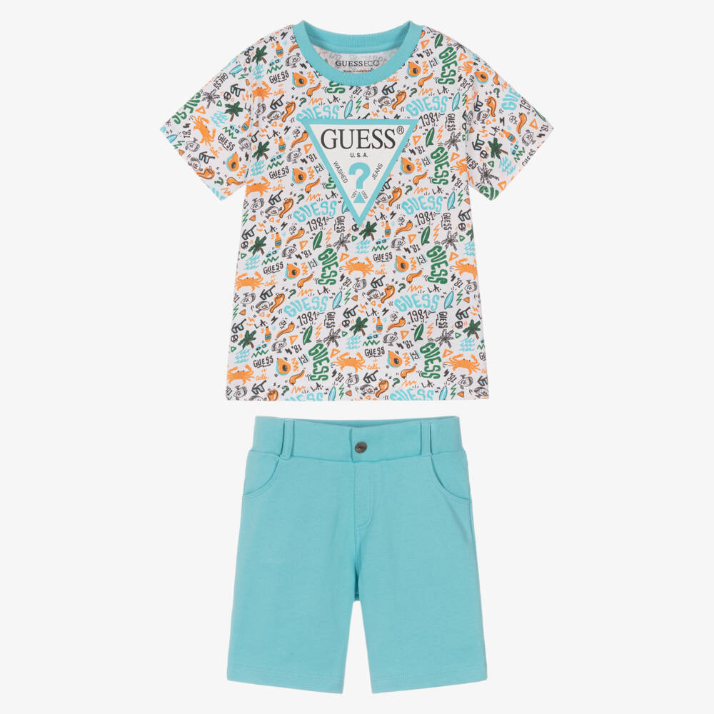 Guess-Boys Turquoise Blue Cotton Shorts Set with Logo Print | Childrensalon