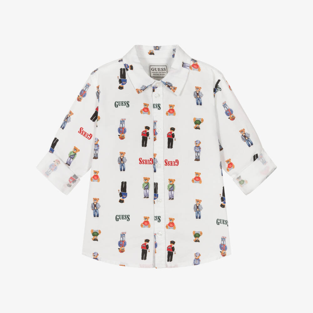 Guess-Boys White Bear & Logo Print Oxford Cotton Shirt | Childrensalon