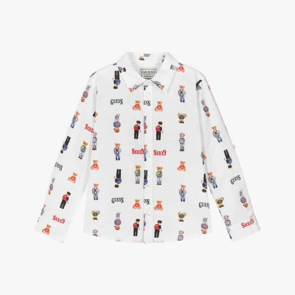 Guess-قميص قطن أوكسفورد بطبعة دب وشعار لون أبيض للأولاد | Childrensalon
