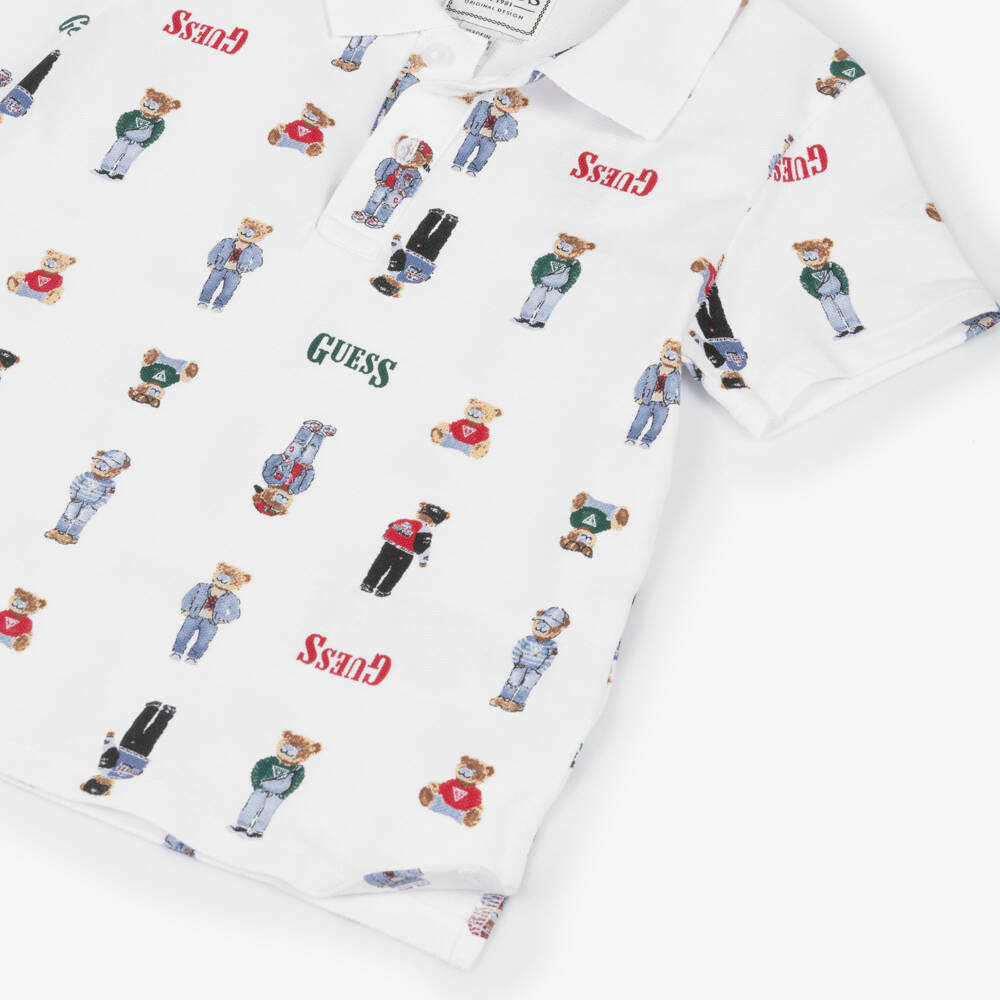Guess-Boys White Bear Print Cotton Piqué Polo Shirt | Childrensalon
