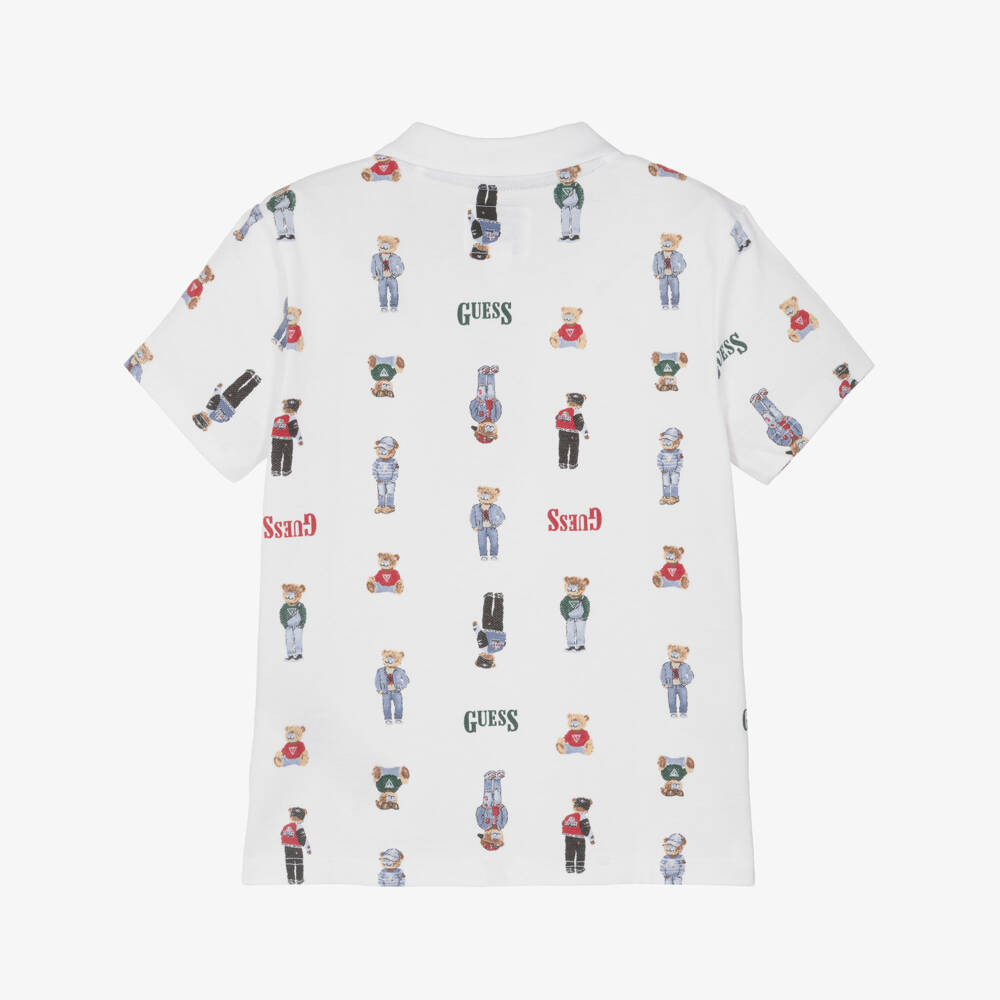 Guess-Boys White Bear Print Cotton Piqué Polo Shirt | Childrensalon