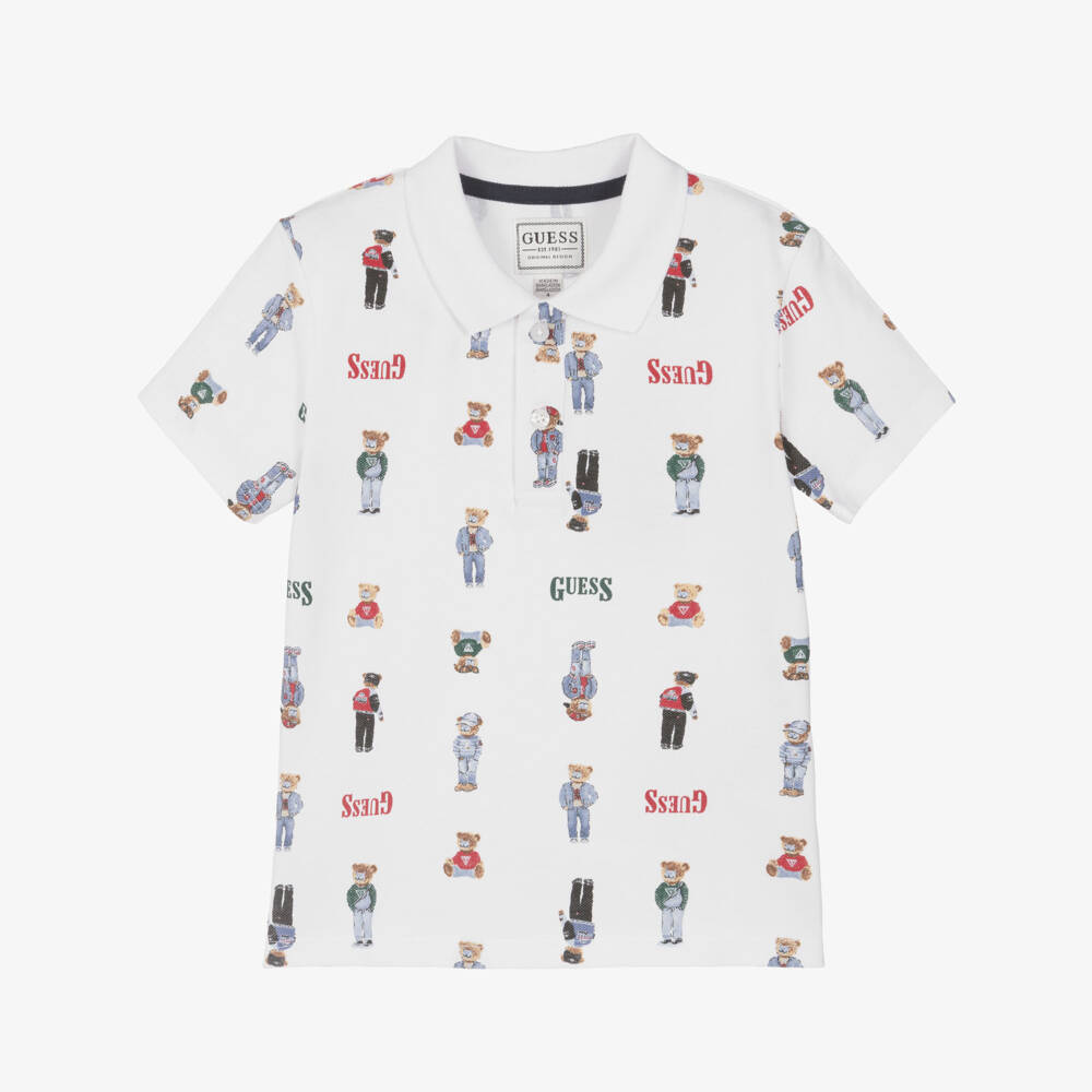 Guess-Boys White Bear Print Cotton Piqué Polo Shirt | Childrensalon