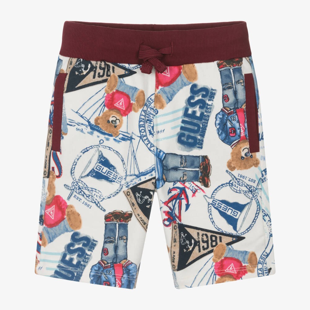 Guess-Boys White & Blue Bear Pattern Cotton Jersey Shorts | Childrensalon