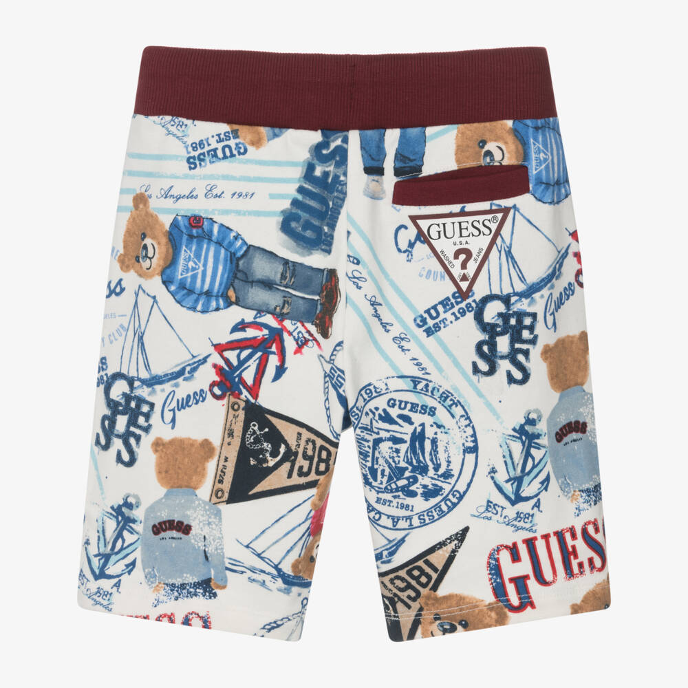 Guess-Boys White & Blue Bear Pattern Cotton Jersey Shorts | Childrensalon