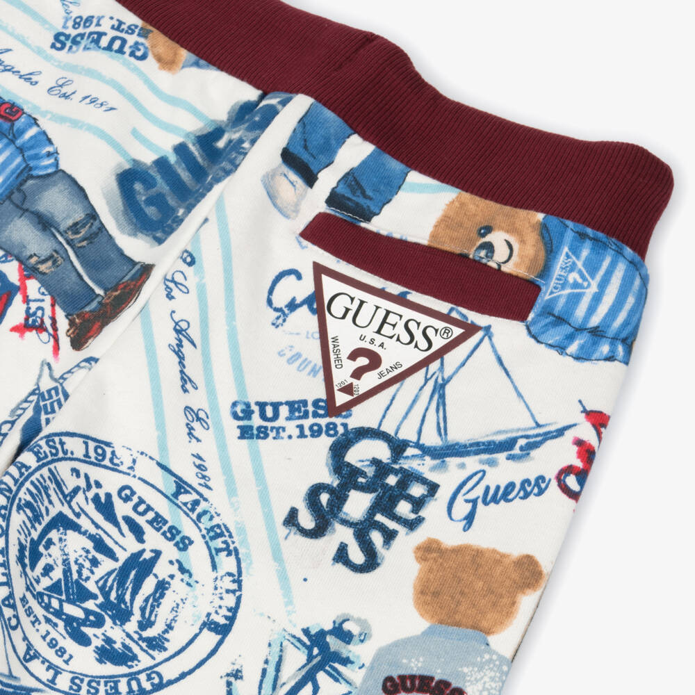 Guess-Boys White & Blue Bear Pattern Cotton Jersey Shorts | Childrensalon