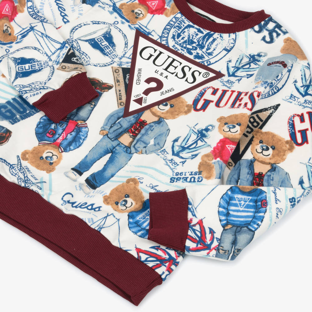 Guess-Boys White & Blue Bear Pattern Cotton Sweatshirt | Childrensalon