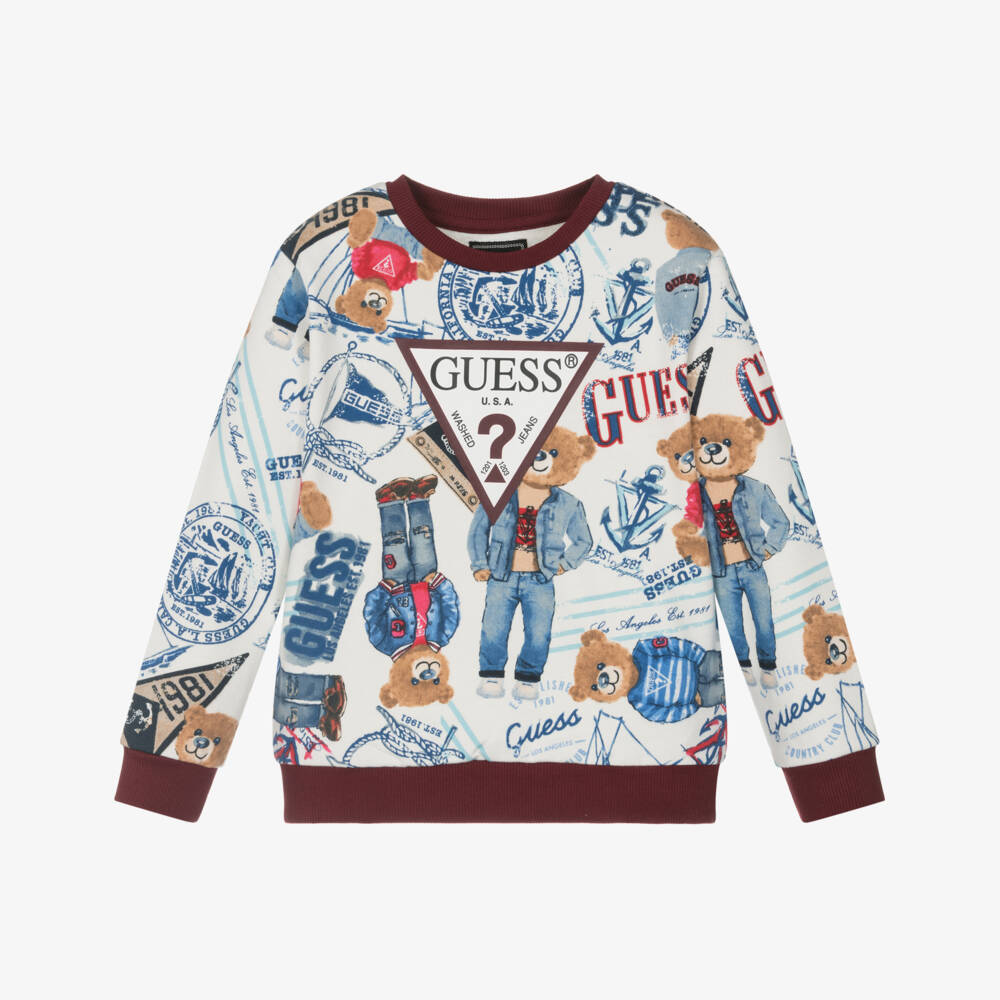 Guess-Boys White & Blue Bear Pattern Cotton Sweatshirt | Childrensalon