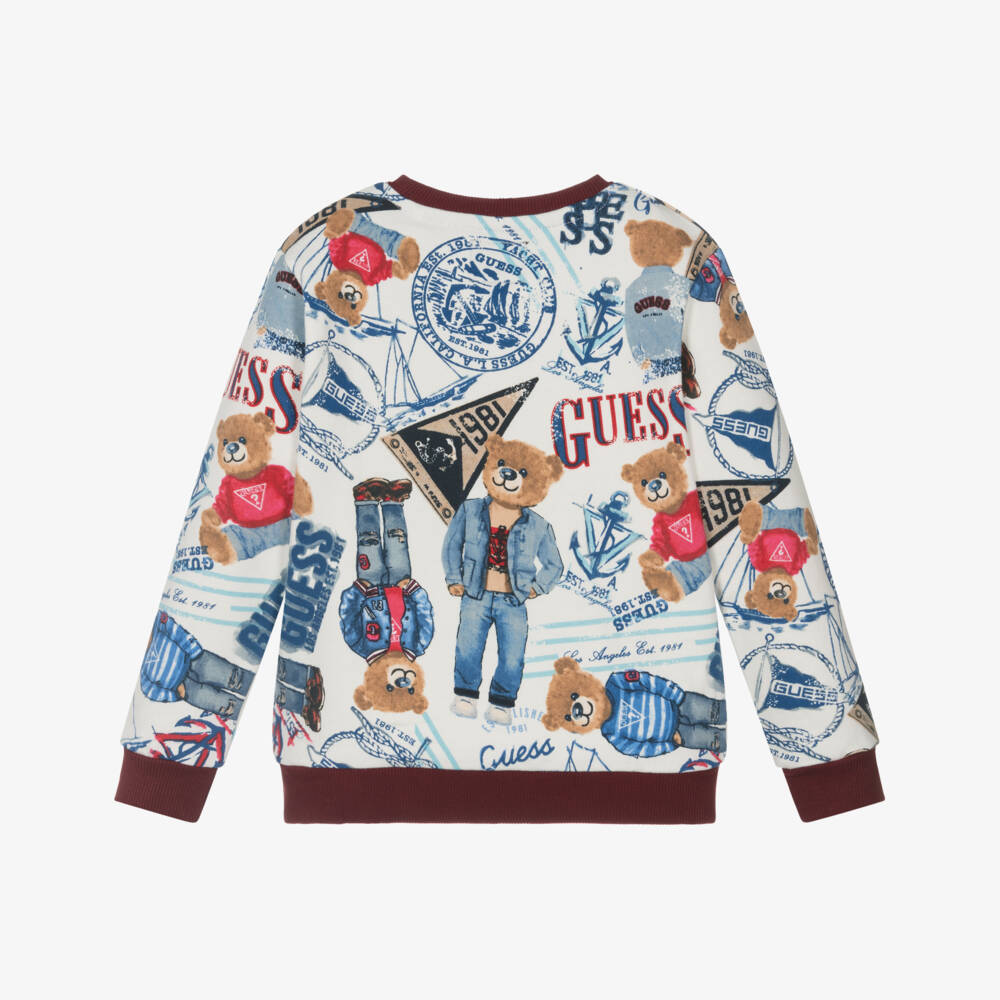 Guess-Boys White & Blue Bear Pattern Cotton Sweatshirt | Childrensalon