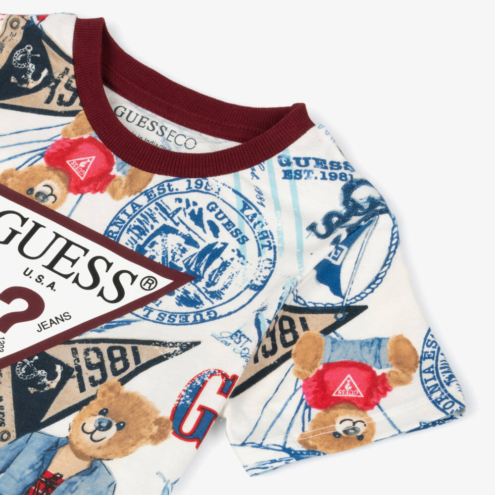 Guess-Boys White & Blue Bear Pattern T-Shirt with Triangle Logo | Childrensalon