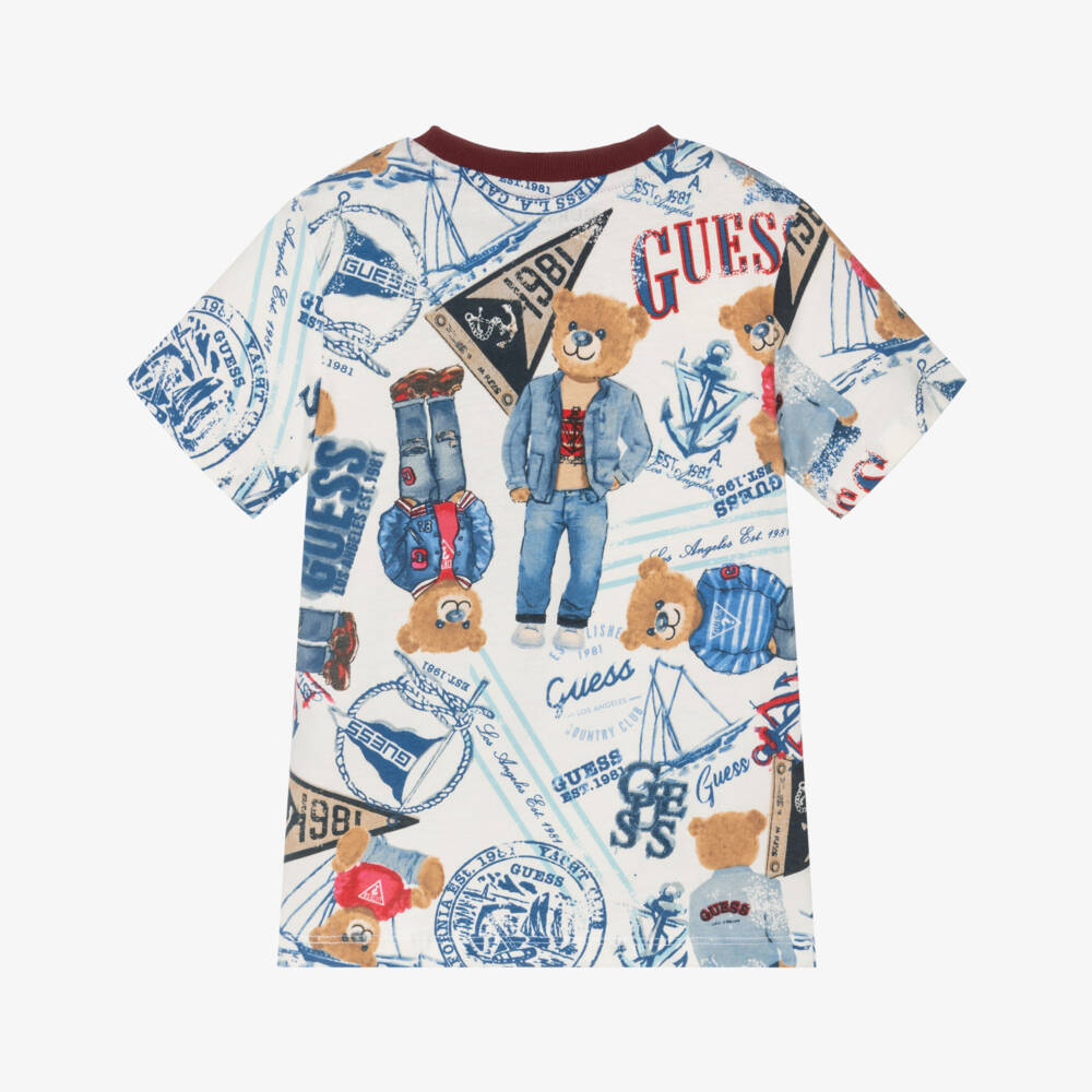 Guess-Boys White & Blue Bear Pattern T-Shirt with Triangle Logo | Childrensalon