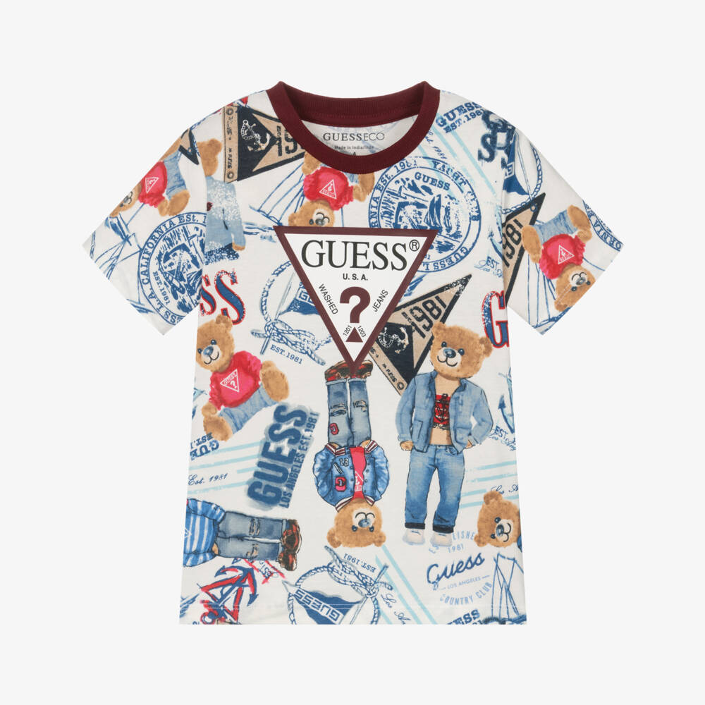 Guess-Boys White & Blue Bear Pattern T-Shirt with Triangle Logo | Childrensalon