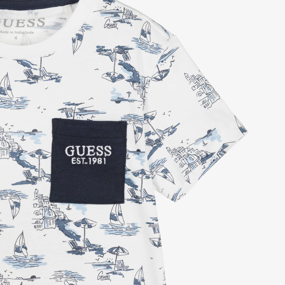 Guess-Boys White & Blue Cotton T-shirt with Amalfi Coast Print | Childrensalon