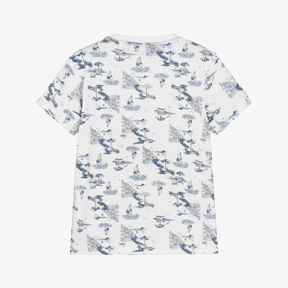 Guess-Boys White & Blue Cotton T-shirt with Amalfi Coast Print | Childrensalon