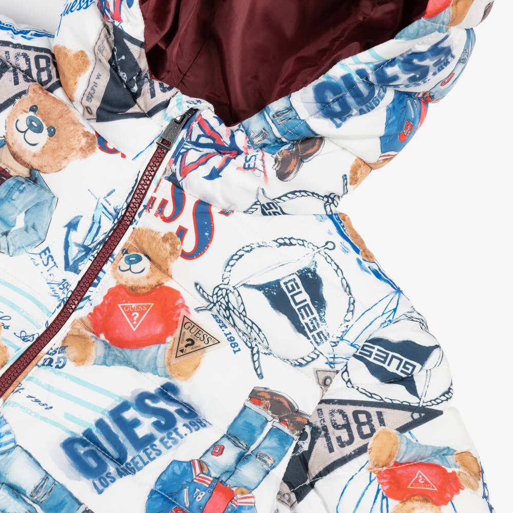 Guess-Boys White & Blue Teddy Bear Print Puffer Jacket | Childrensalon