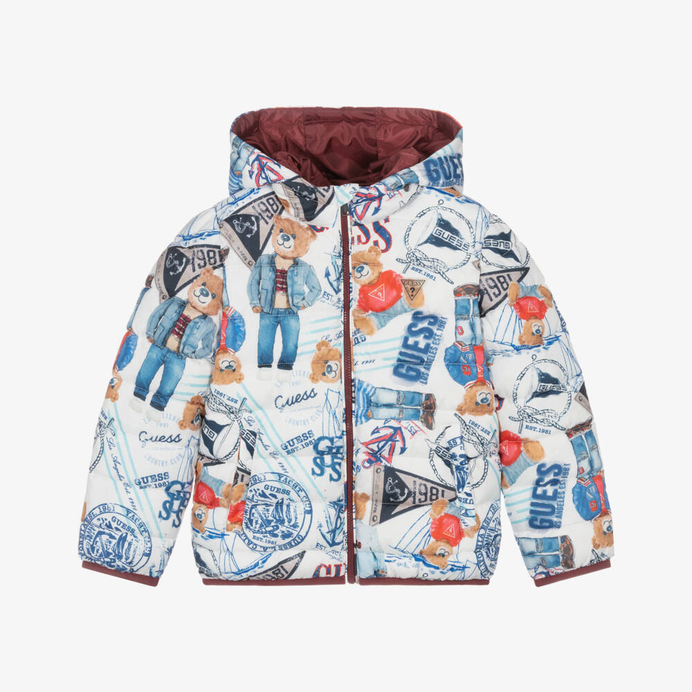 Guess-Boys White & Blue Teddy Bear Print Puffer Jacket | Childrensalon