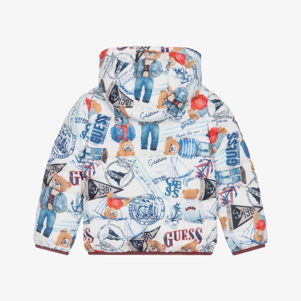 Guess-Boys White & Blue Teddy Bear Print Puffer Jacket | Childrensalon