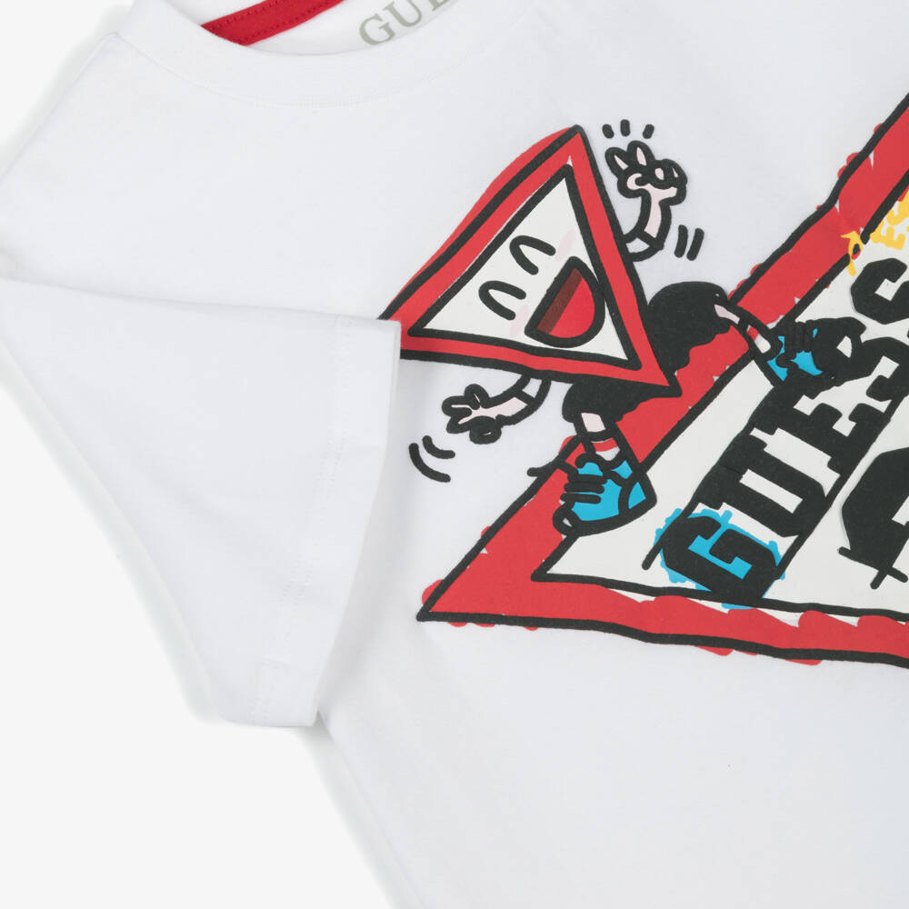 Guess-Boys White Cotton Cartoon Logo T-Shirt | Childrensalon