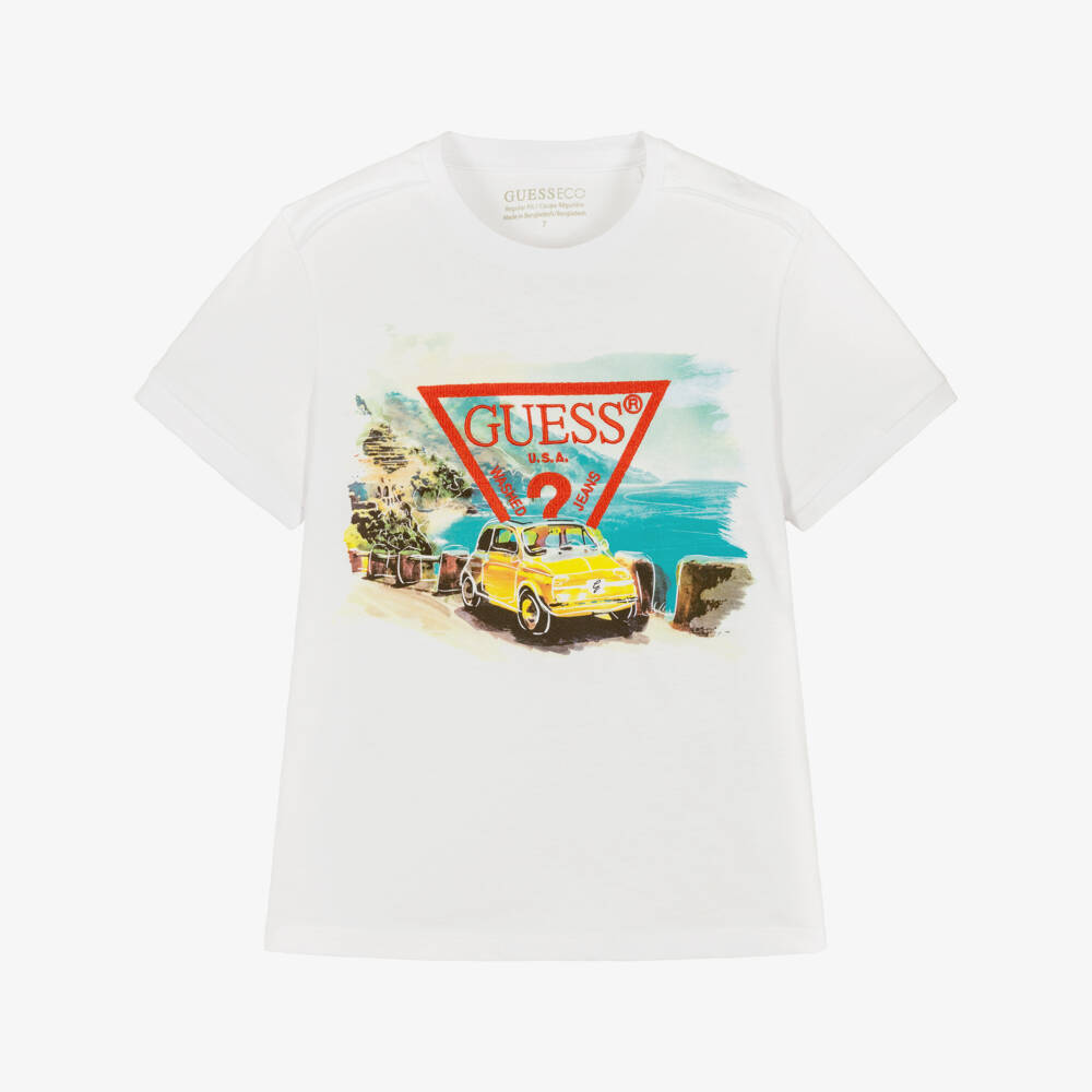 Guess-Boys White Cotton Coastal Print T-Shirt | Childrensalon