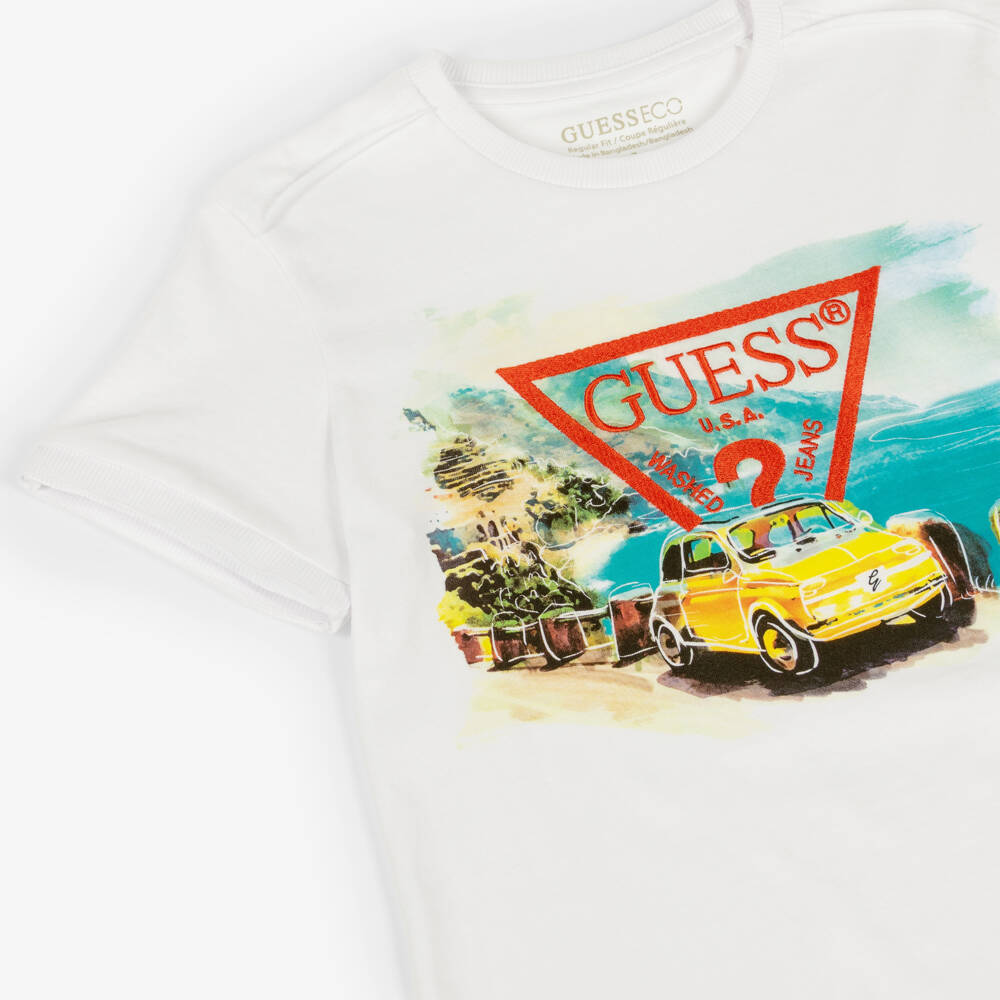 Guess-Boys White Cotton Coastal Print T-Shirt | Childrensalon