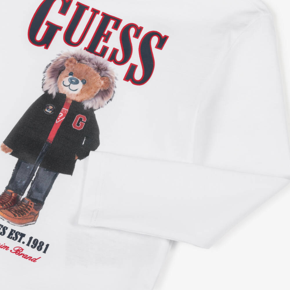Guess-Boys White Cotton Jersey Long-Sleeve Top with Teddy Bear Logo | Childrensalon