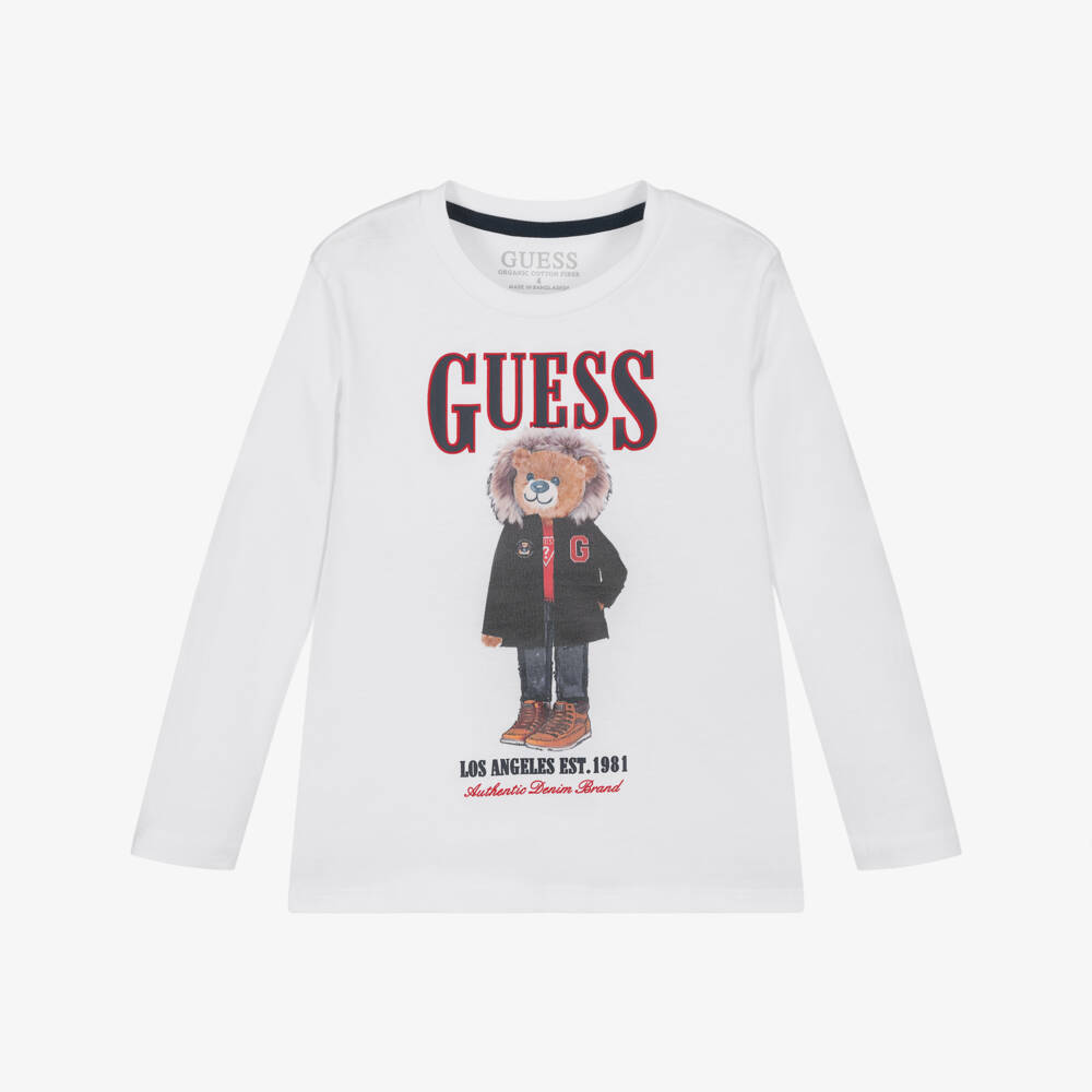 Guess-Boys White Cotton Jersey Long-Sleeve Top with Teddy Bear Logo | Childrensalon