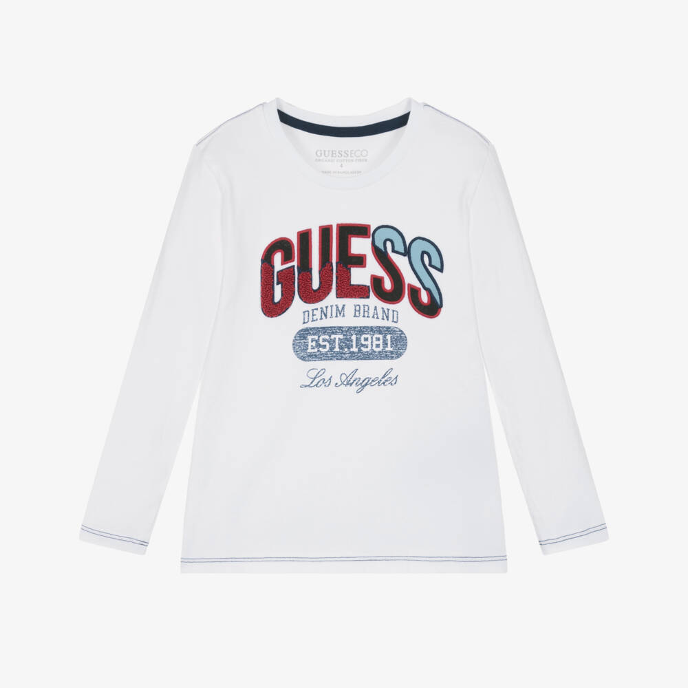 Guess-Boys White Cotton Long Sleeve Logo T-Shirt | Childrensalon