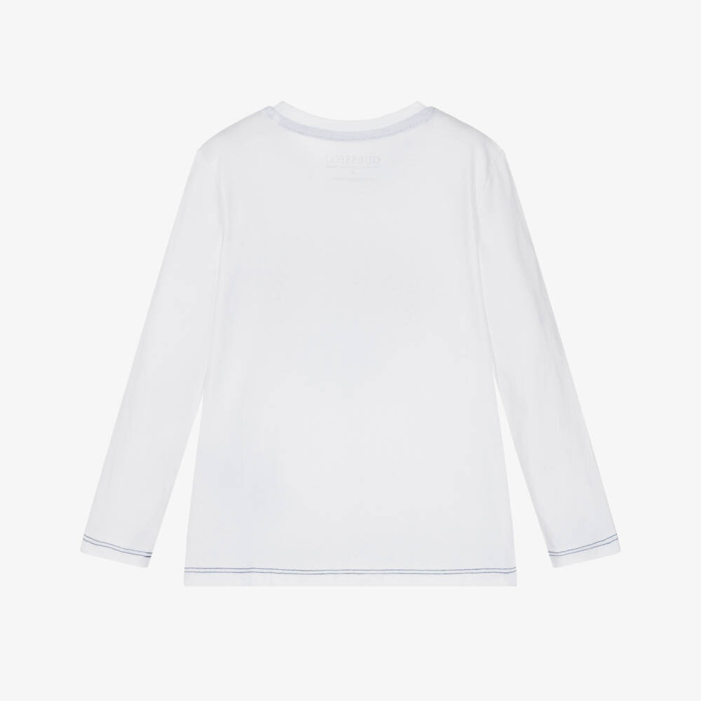 Guess-Boys White Cotton Long Sleeve Logo T-Shirt | Childrensalon