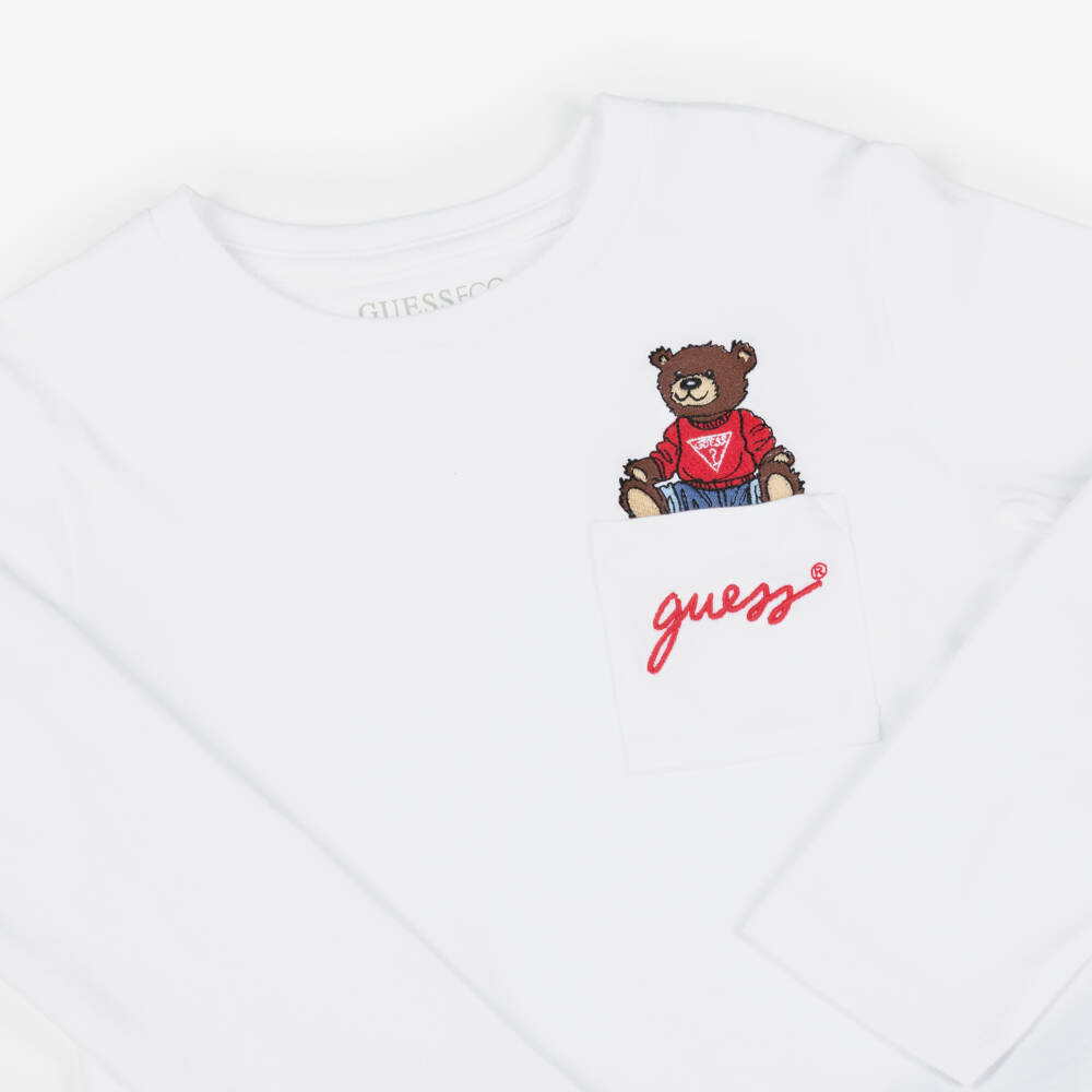 Guess-Boys White Cotton Long Sleeved Pocket Teddy Top | Childrensalon