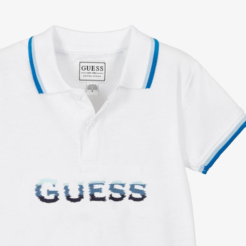 Guess-Boys White Cotton Piqué Polo Shirt with Embroidered Logo | Childrensalon
