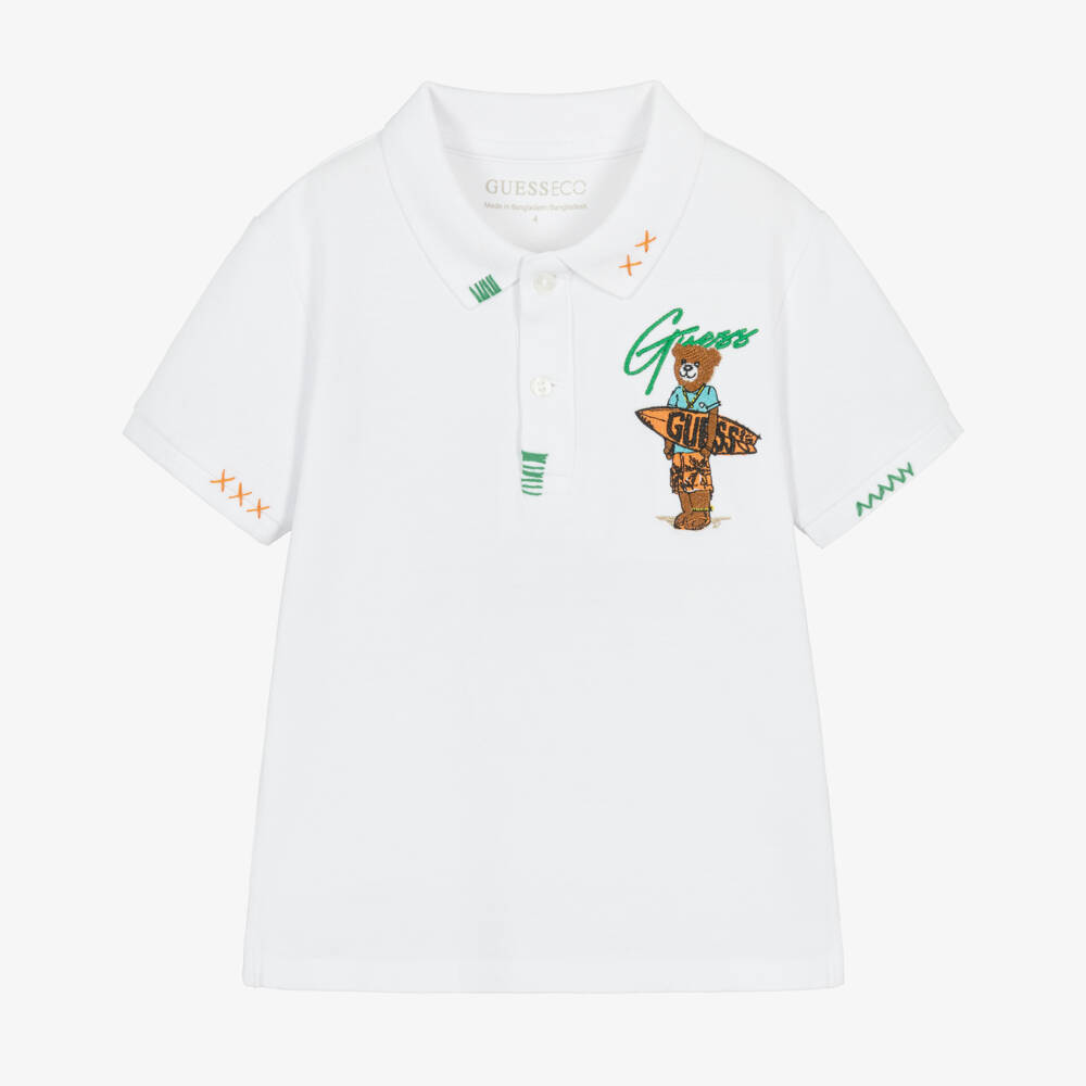 Guess-Boys White Cotton Polo Shirt with Surfing Bear Logo | Childrensalon