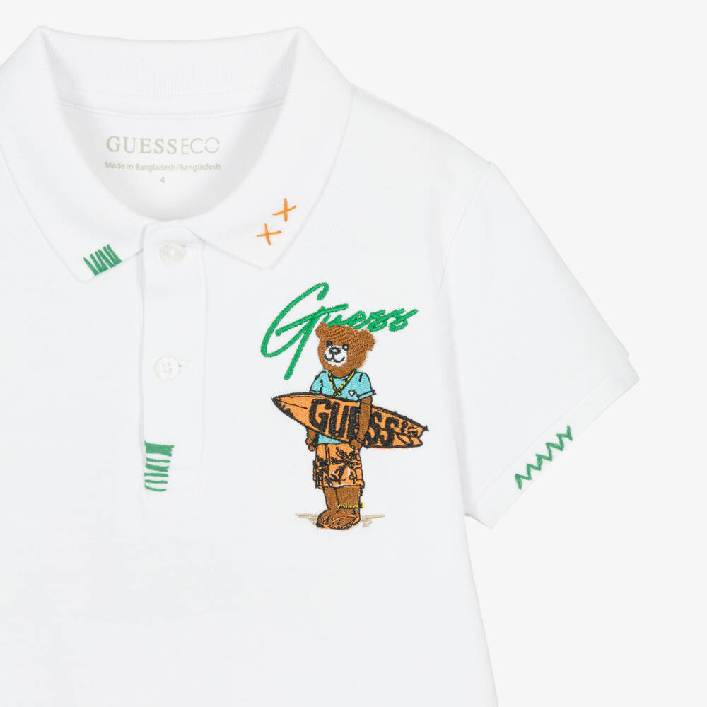 Guess-Boys White Cotton Polo Shirt with Surfing Bear Logo | Childrensalon