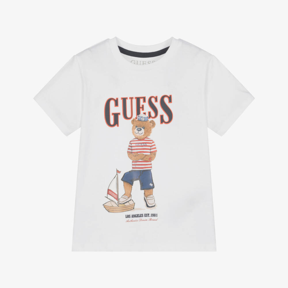 Guess-Boys White Cotton Sailor Teddy Bear T-Shirt | Childrensalon