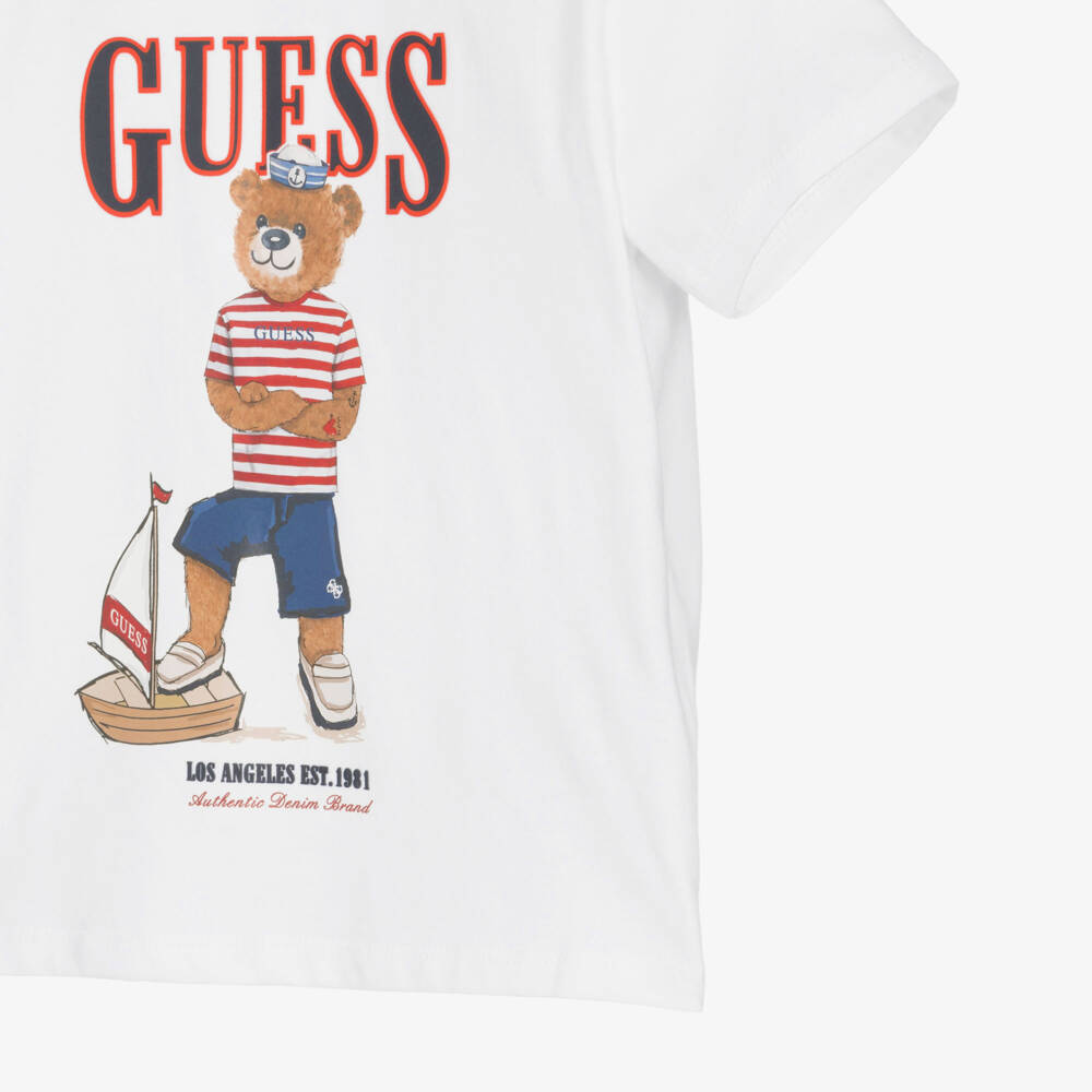 Guess-Boys White Cotton Sailor Teddy Bear T-Shirt | Childrensalon