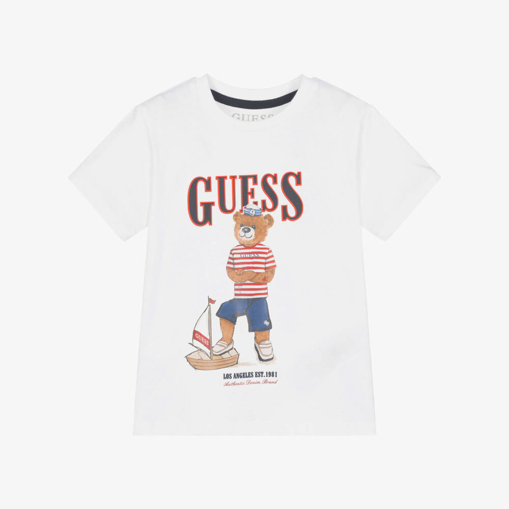 Guess-تيشيرت قطن بطبعة دب بحار لون أبيض للأولاد | Childrensalon