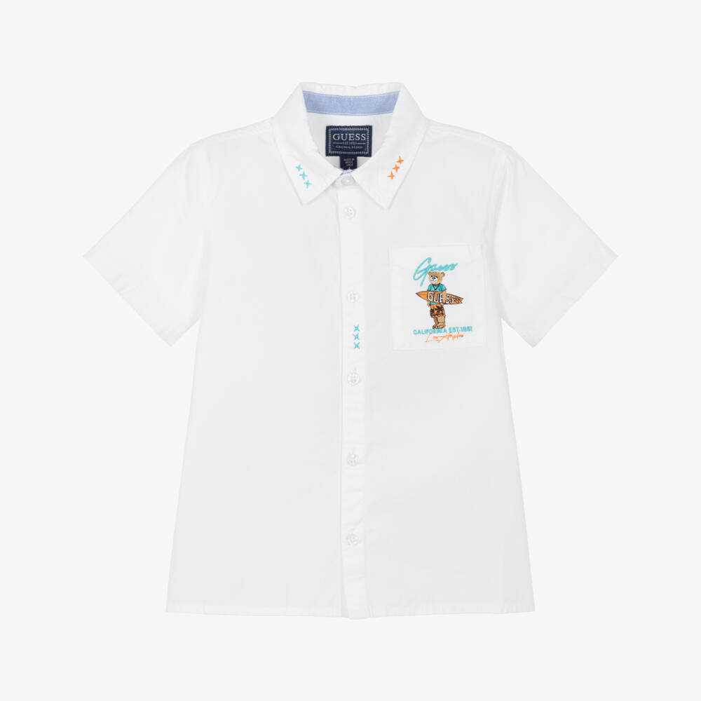 Guess-Boys White Cotton Shirt with Surfing Bear Logo | Childrensalon