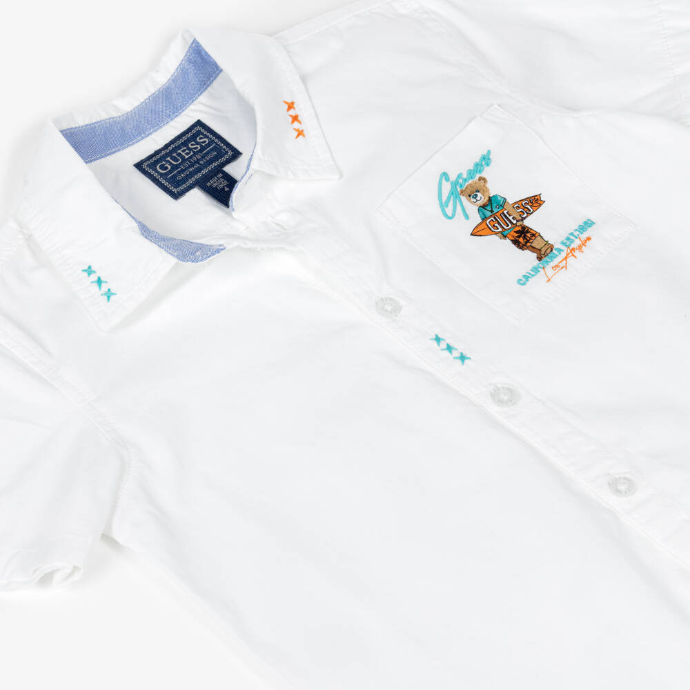 Guess-Boys White Cotton Shirt with Surfing Bear Logo | Childrensalon