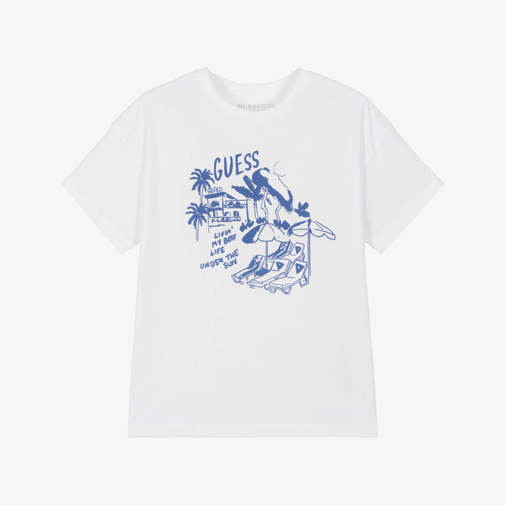 Guess-Boys White Cotton T-Shirt with Blue Beach Graphic  | Childrensalon