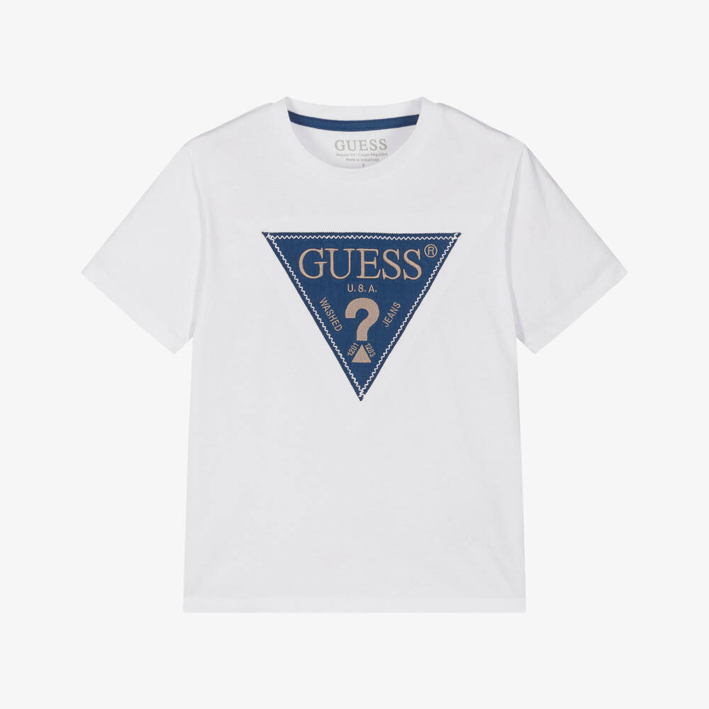 Guess-تيشيرت قطن بشعار المثلث لون أبيض للأولاد | Childrensalon