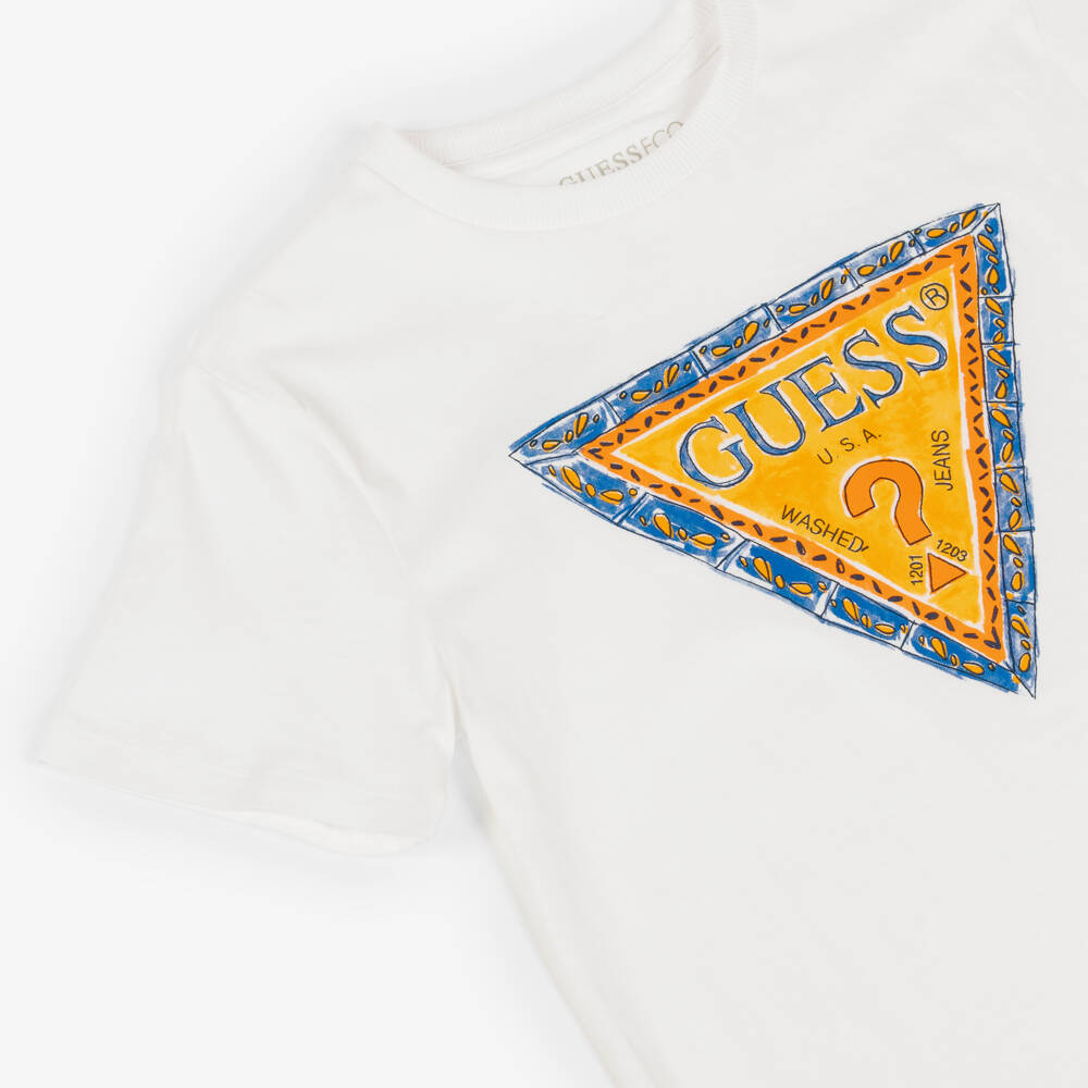 Guess-Boys White Cotton T-Shirt with Blue & Yellow Triangle Logo | Childrensalon