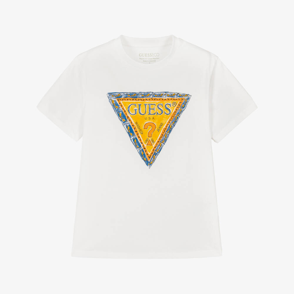 Guess-Boys White Cotton T-Shirt with Blue & Yellow Triangle Logo | Childrensalon