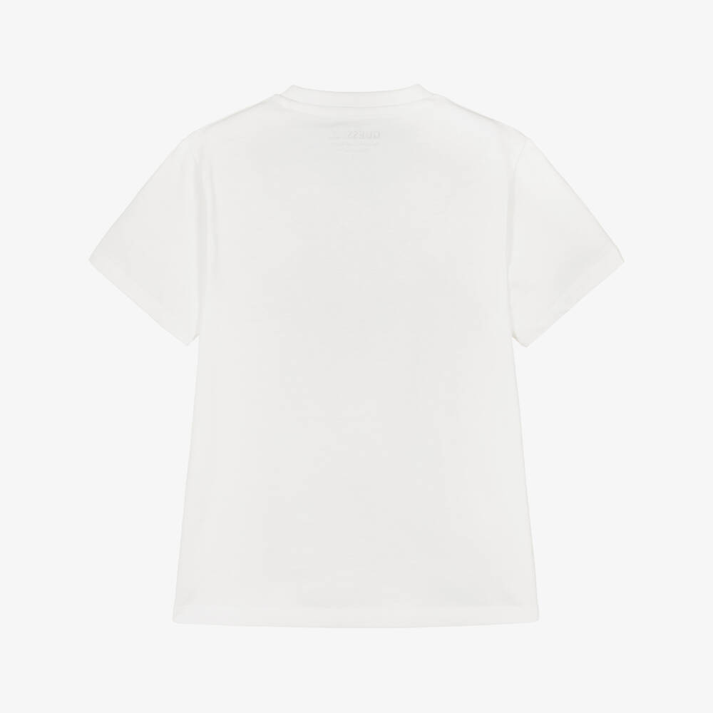 Guess-Boys White Cotton T-Shirt with Blue & Yellow Triangle Logo | Childrensalon