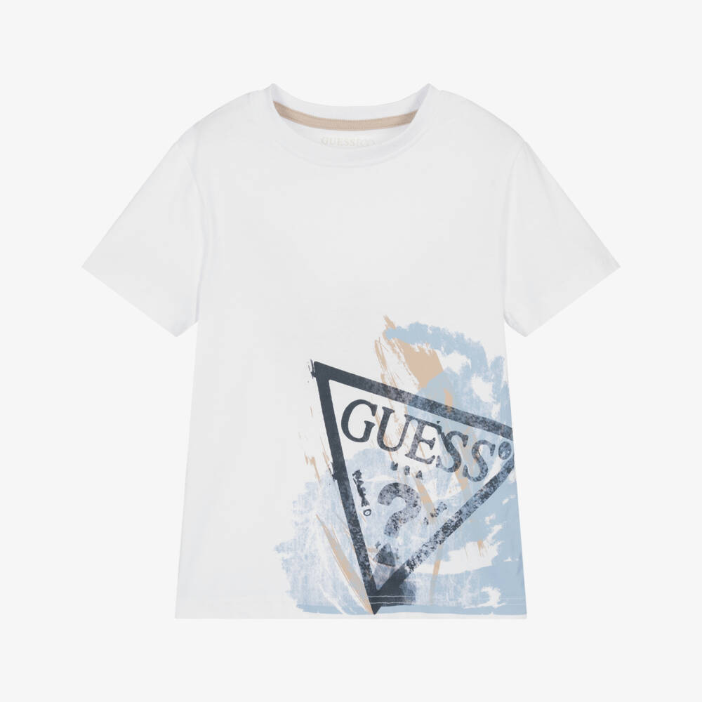 Guess-Boys White Cotton T-Shirt with Graffiti Triangle Logo Print | Childrensalon