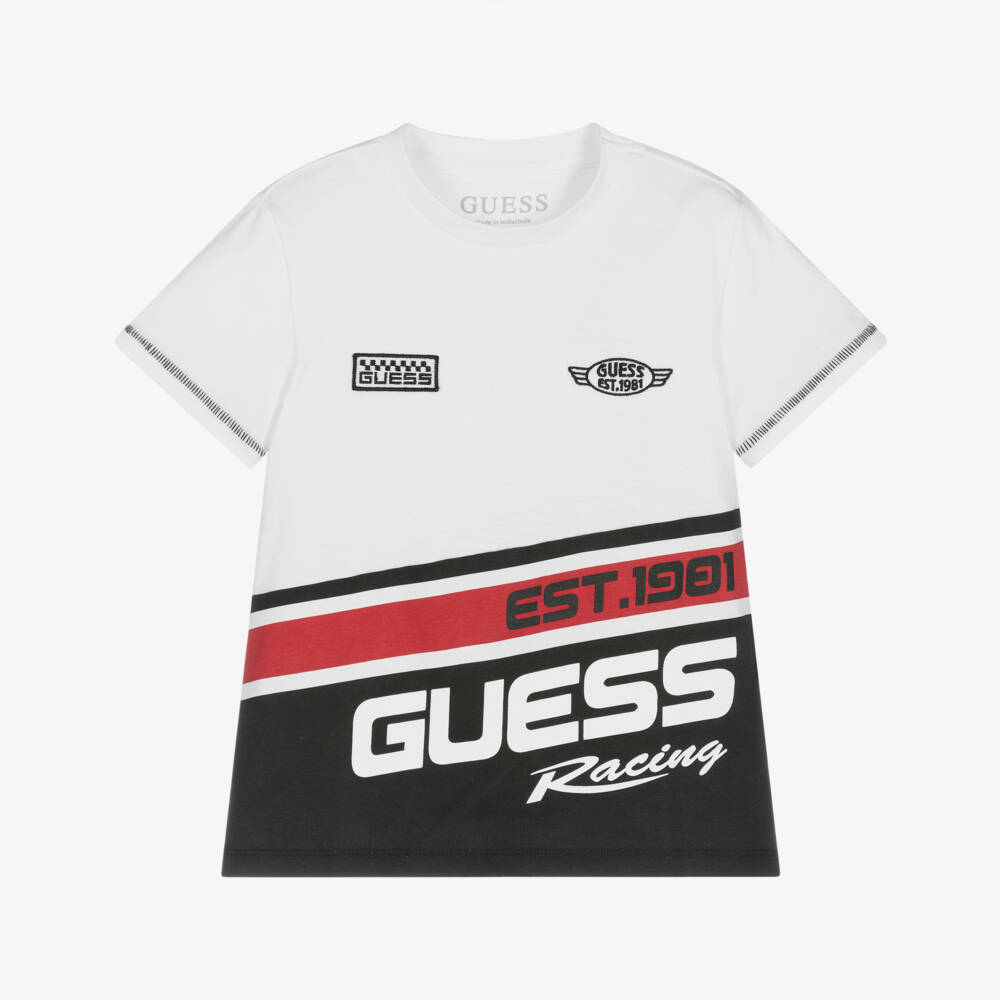 Guess-Boys White Cotton T-Shirt with Racing Motifs | Childrensalon