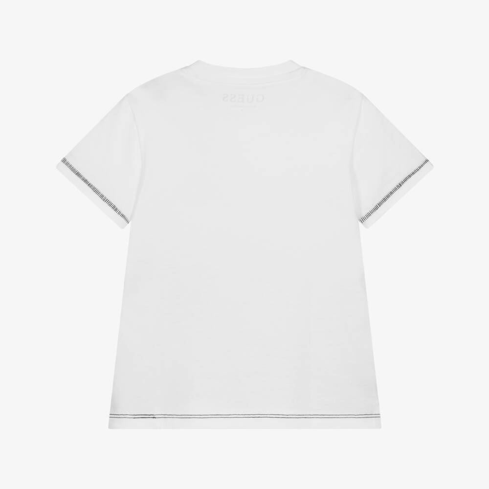 Guess-Boys White Cotton T-Shirt with Racing Motifs | Childrensalon