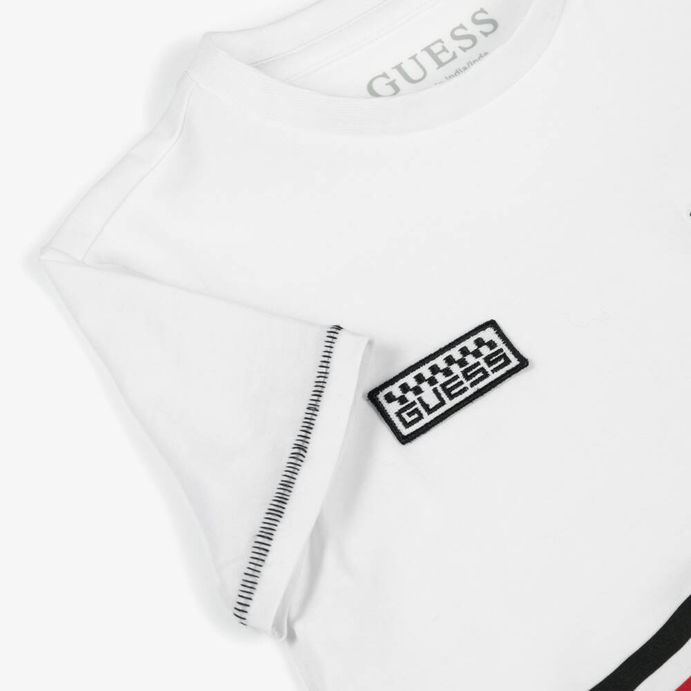 Guess-Boys White Cotton T-Shirt with Racing Motifs | Childrensalon